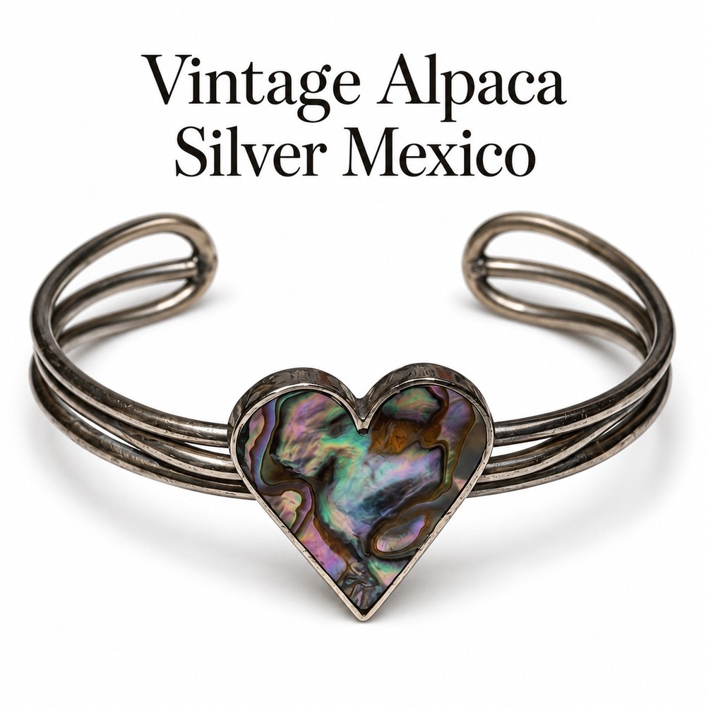 Vintage Alpaca Silver Abalone Heart Cuff Bracelet Mexico